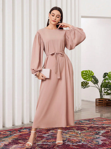 Solid Color Round Neck Casual Loose Fit Dress Modest Dress