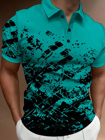 Men's Color-Blocked Button-Front Half-Placket Polo Shirt
