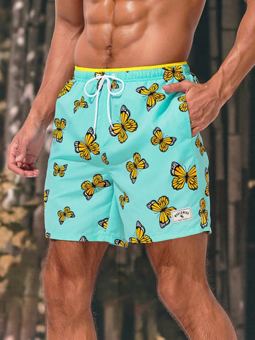 Men's Beach Shorts With Butterfly Print And Drawstring Waist
