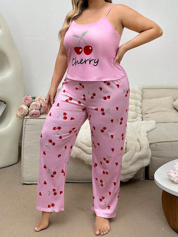 Plus Size Women's Cherry Printed Camisole And Pants Pajama Set