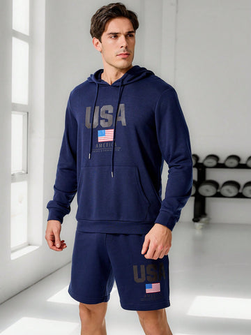 Men's Flag & Letter Printed Kangaroo Pocket Hoodie And Shorts Sports Suit