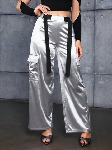Metallic Fabric Workwear Pocket Dress Pants