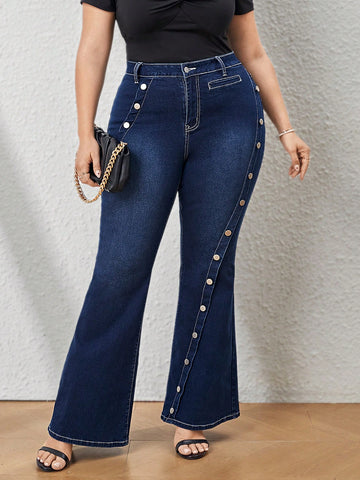 Women's Plus Size Sexy Elastic High Waisted Flared Jeans With Button Fastening, Perfect For Beach Vacations
