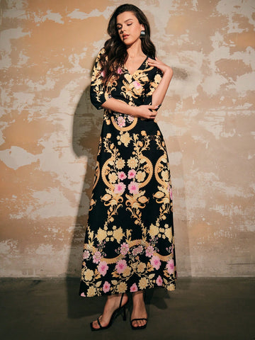 Women's Baroque Print V-Neck Dress