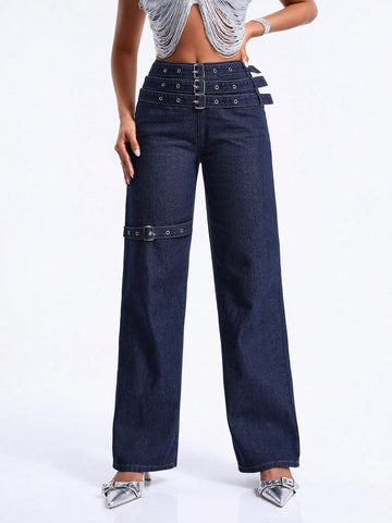 Women's Metal Buckle Blue Jeans