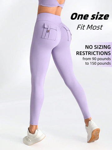 Solid Color Fitness Leggings With Flap Pocket