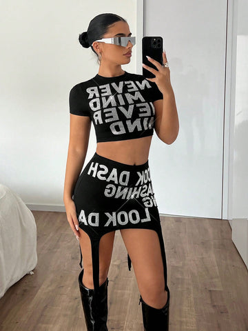 Y2k Summer Ladies' Slim Fit T-Shirt With Large Rhinestone Print Paired With Irregular Hem Skirt Black Two Piece Set