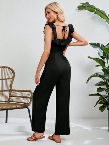 French Afternoon Tea Style Square Neckline Jumpsuit With Ruffle Hem And Long Pants