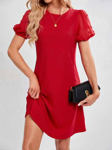 Solid Color Puff Sleeve Round Neck Dress