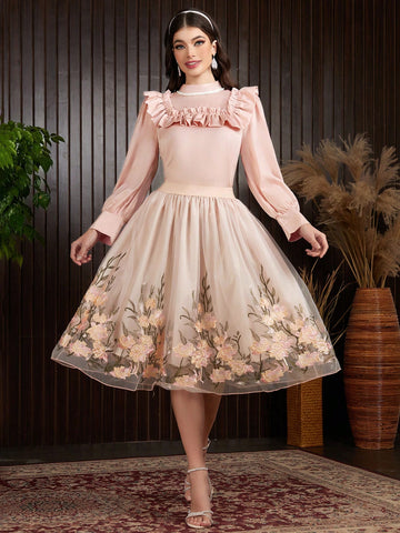 Women's Round Neck Lantern Sleeve Top With Ruffle Hem And Embroidered Floral Mesh Skirt Two Piece Dress