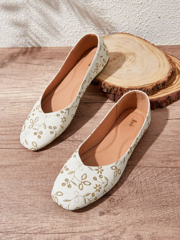 Women's Floral Leaf Embroidery Flat Shoes
