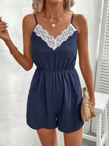 Lace Decorated Spaghetti Strap Summer Romper  Country Concert Outfit  One Piece Outfit Navy Blue Cotton Romper