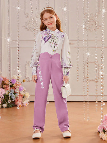 Tween Girls' Flower Print Blouse And High Waist Pants Two Piece Suit