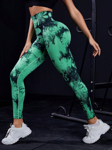 Tie-Dye Wide Waistband Compression Sports Leggings