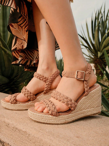 Women's Fashion Spring And Summer Vacation Braided Outdoor Beach Bohemian Solid Color Wedge Thick-Soled Sandals