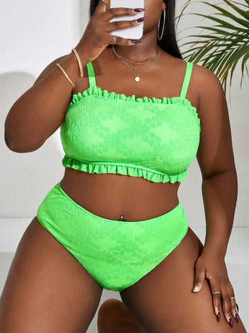 Plus Size Women's Swimwear Set With Frill Edging And Textured Material