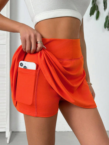 Orange Casual Knitted Pleated Pocket Shorts And Culottes For Casual Sports