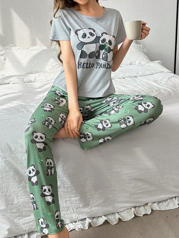 Panda Print Round Neck Top And Pants Homewear Set