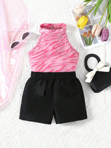 Baby Girl's Spring/Summer Street Style Sporty Pink Halter Top With Black Shorts Outfit