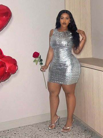 Sexy Plus Size Silver Pu Hollow Out Sleeveless Dress For Valentine's Day