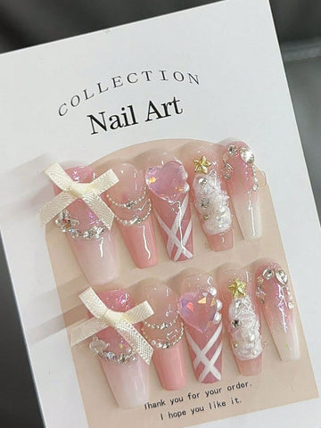 10pcs Sweet Pink Gradient Hand-Painted False Nails With 3pcs Double-Sided Adhesive