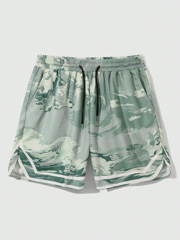 Men's Drawstring Waist Short Beach Shorts With Wave Print For Summer