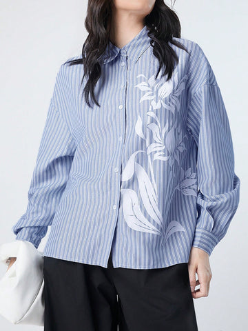 Women's Striped Floral Printed Drop Shoulder Shirt