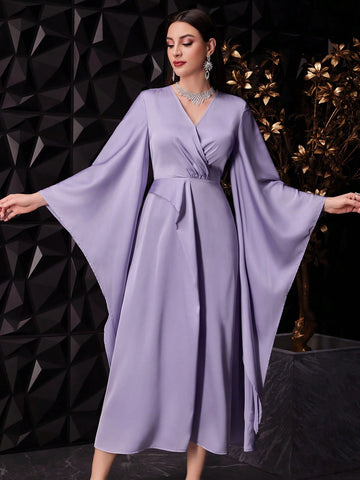 Women's Solid V Neck Floor-Length Arabic Style Dress