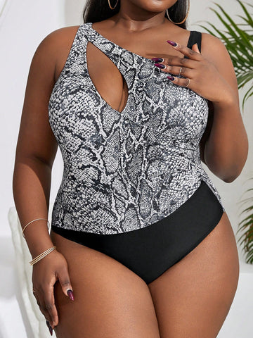 Plus Size Women's One Shoulder Snake Print One-Piece Swimsuit, Beach Outfit Bathing Suit Music Festival Summer