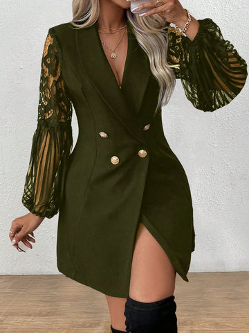 Plus Size Solid Color Patchwork Double Breasted Suit Jacket