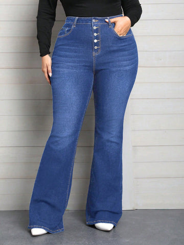Plus Size Women's Button Front Flared Jeans