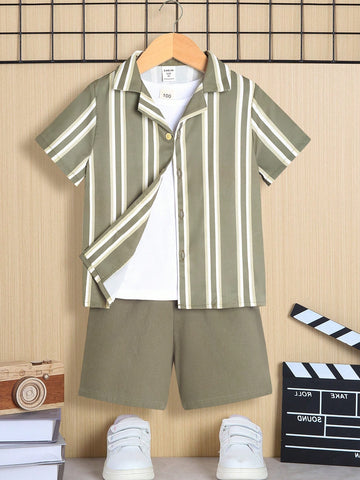 Young Boy Beach Vacation Striped Short Sleeve Shirt And Solid Color Shorts Set, Casual Style
