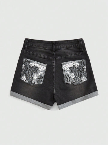 Women's Wing Pattern Printed Pocket Denim Shorts