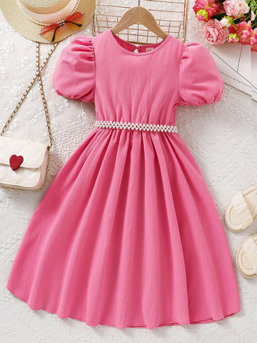 Tween Girls' Summer New Bubble Sleeve Rose Red Dress