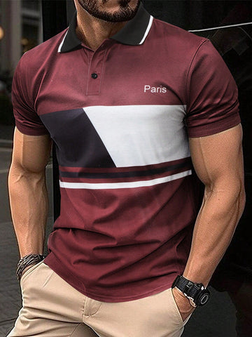 Men's Short-Sleeved Printed Polo Shirt With Color Block & Letter Pattern