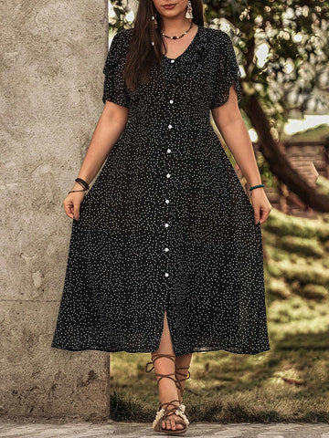 Plus Size Women's Polka Dot Print Butterfly Sleeve Dress