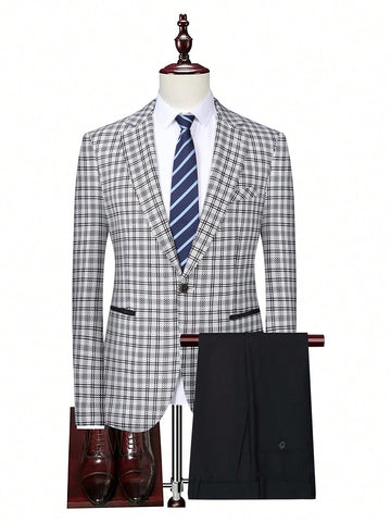 Men's Plaid Notched Lapel Single Breasted Suit Jacket And Solid Color Trousers Set