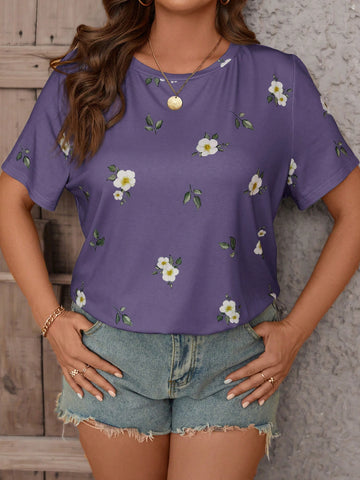 Plus Size Floral Printed Round Neck Short Sleeve T-Shirt