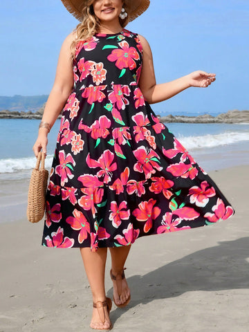 Plus Size Women's Beach Floral Print Sleeveless Midi Dress With Cinching Waist And Flared Hem
