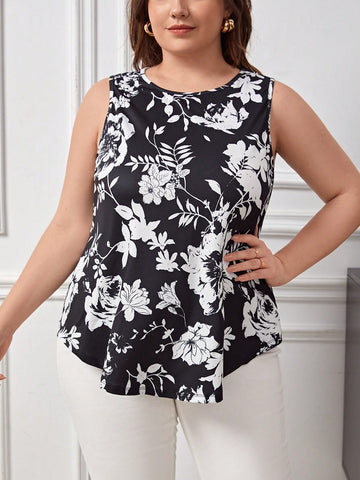Plus Size Women's Floral Print Round Neck Tank Top For Summer