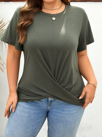 Plus Size Cross Front High Stretch Basic Comfortable Green T-Shirt