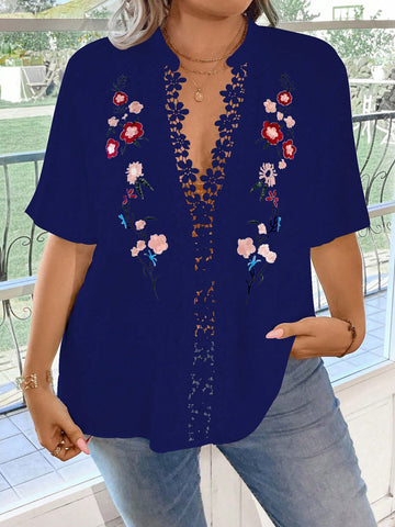 Plus Size Floral Embroidery Joint Water Soluble Lace Shirt