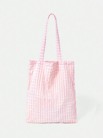 Cute Pink Plaid Tote Bag For Girls And Women, For Summer, School,Picnic, With Large Capacity