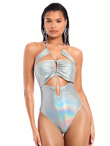 Silver Metal Coated Crisscross Drawstring Sexy Hollow Out Bodysuit