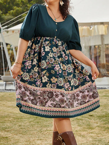 Plus Size Women's Floral Printed Short Puff Sleeve Dress