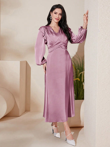 Solid Color V-Neck Pearl Studded Lantern Sleeve Dress With Cinched Waist
