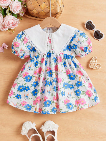 Baby Girl's Sweet Rabbit & Flower Pattern Doll Collar Short Sleeve Dress For Summer