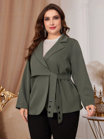Plus Size Solid Color Belted Blazers