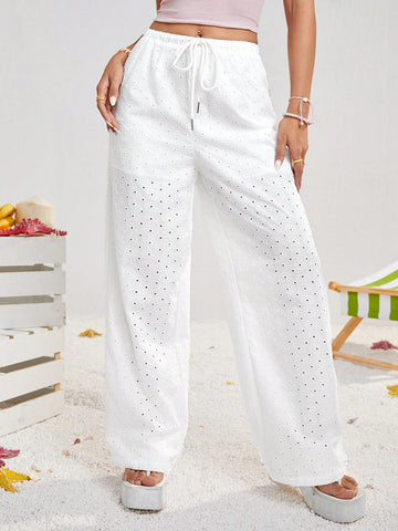 White Hollow Out Embroidery Drawstring Waist Straight Leg Pants