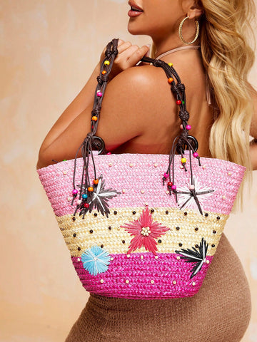 Women Fashionable And Personalized Multicolor Woven Tote Bag With Zipper, Perfect For Beach Vacation And Summer, Made Of Straw